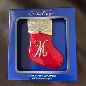 NEW Christmas Tree Silver Plated Ornament Stocking with M Initial